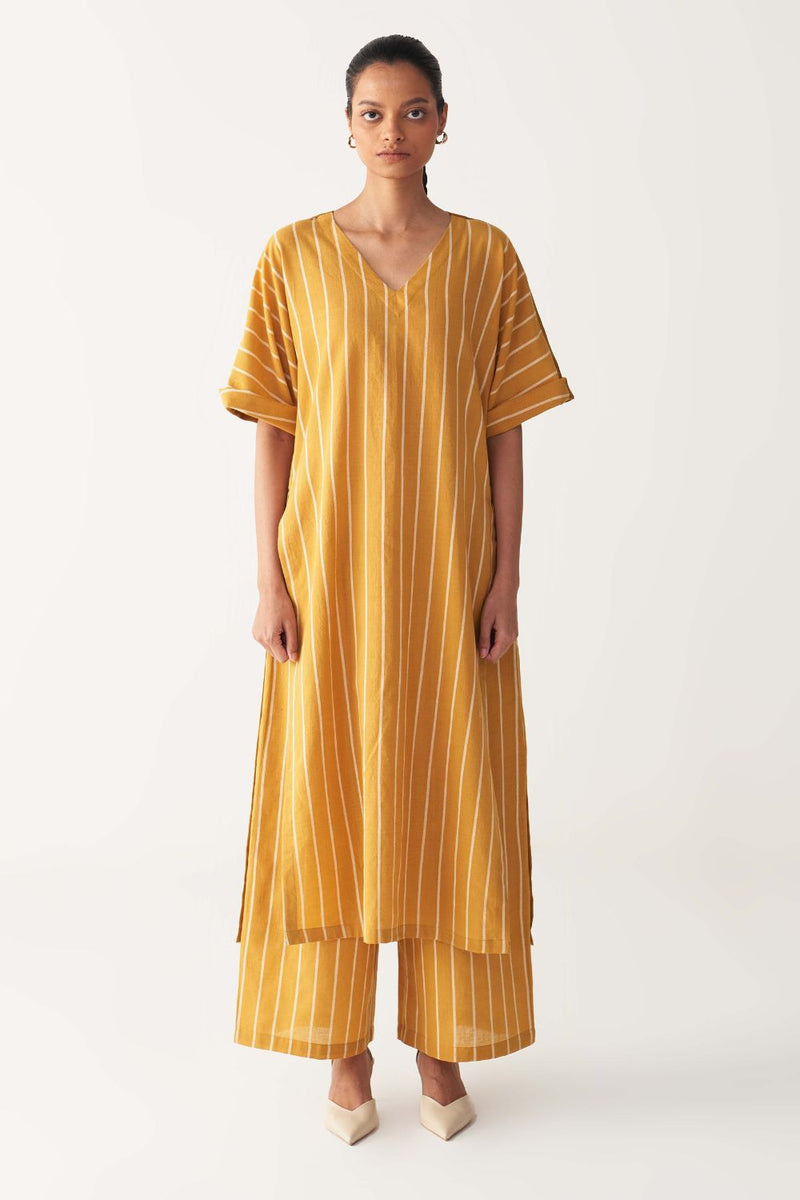V-NECK KAFTAN CO-ORD-MUSTARD STRIPES cotton by THREE in mustard color for women in Singapore