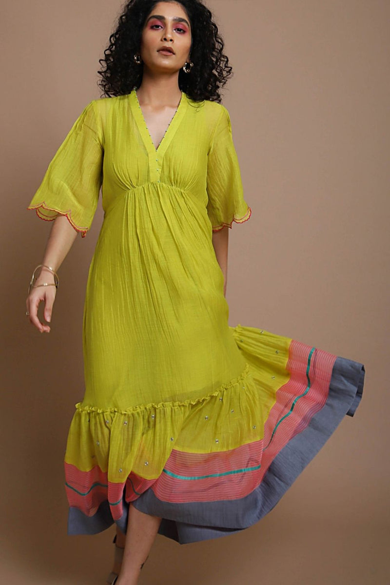 Life in Pink Tiered Dress chanderi by Rajiramniq in yellow color for women in Singapore