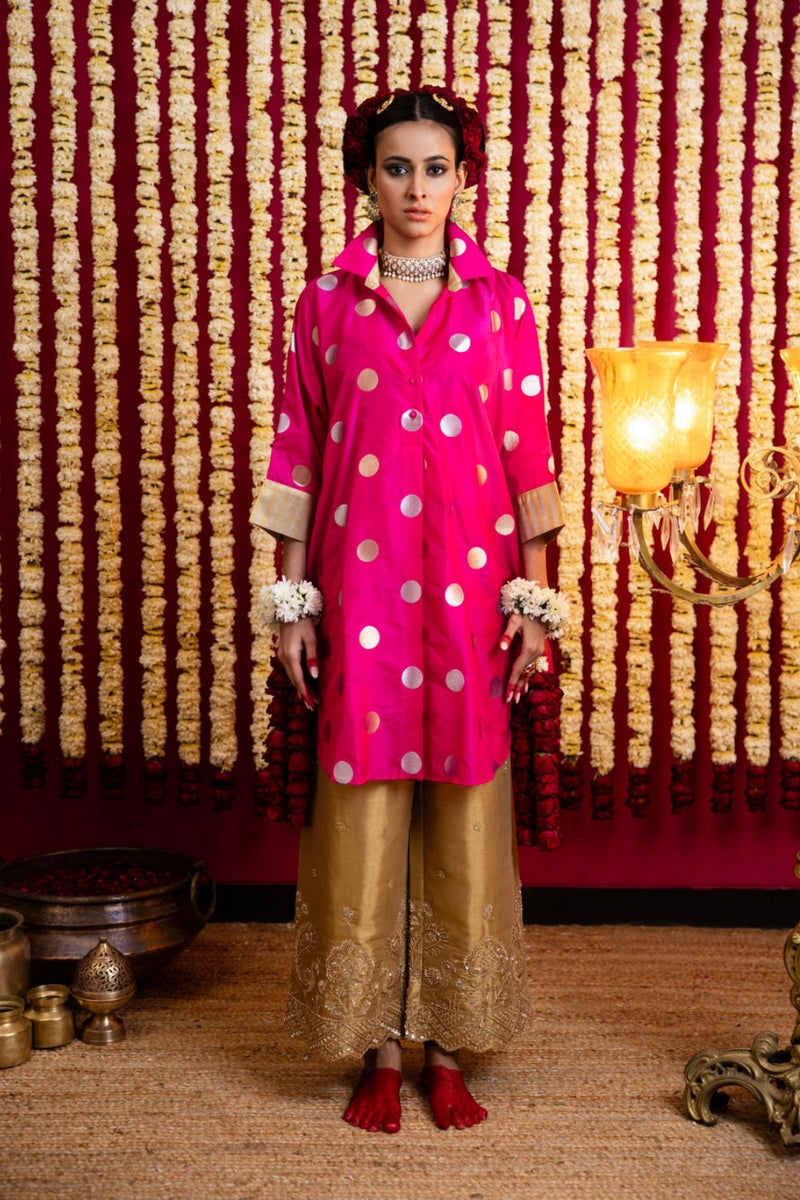 Polka Dots Tunic & Tissue Pant Set-Pink tissue kurta/kurta set by Sabo by Sabina in pink for women in Singapore
