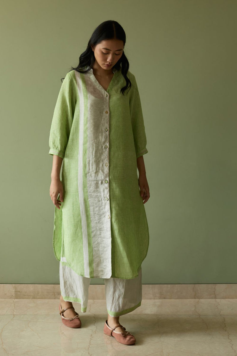 Mori Border Linen Shirt Kurta-Meadow linen by Manan in green color for women in Singapore