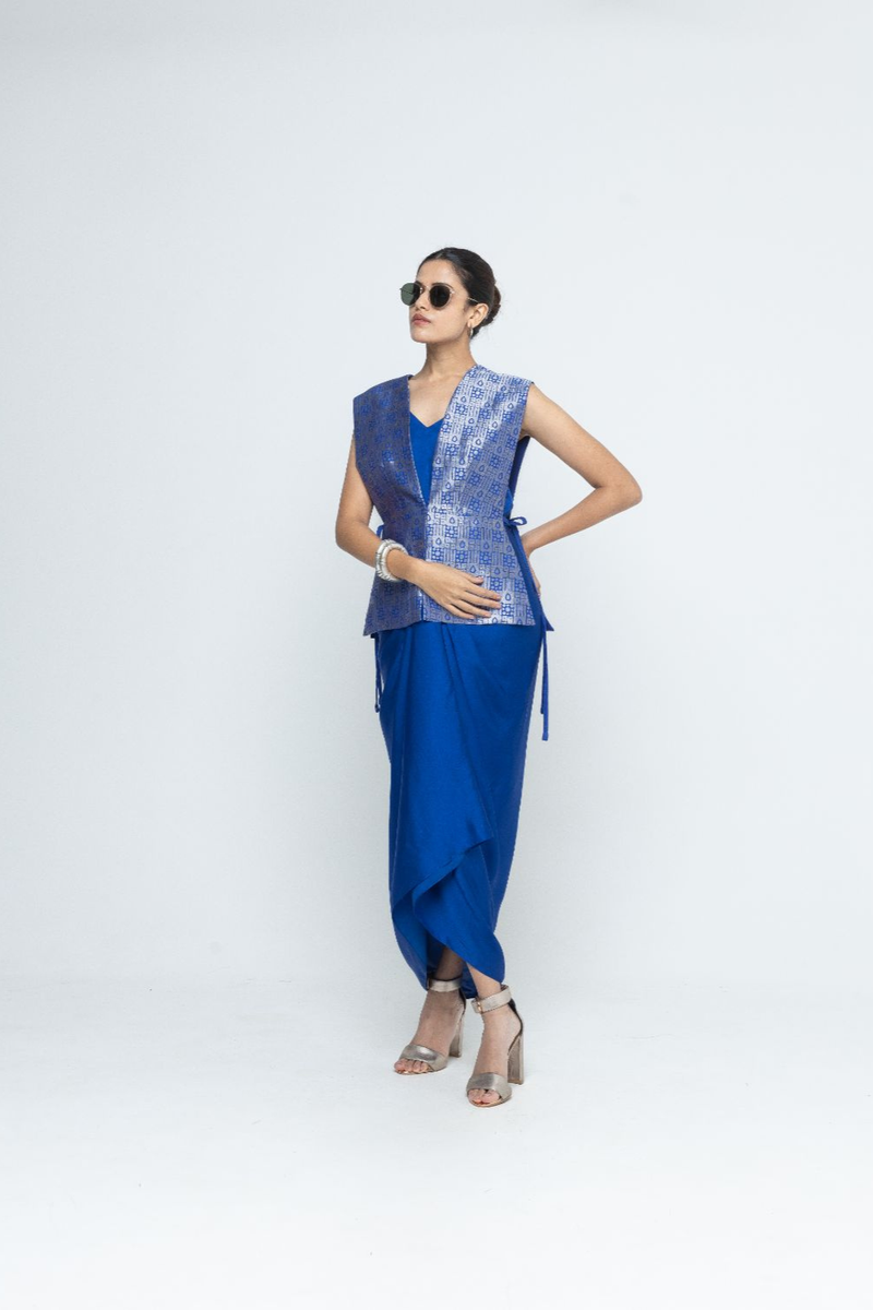 Alia - Brocade Gilet paired with Assymetrical Dress - Blue