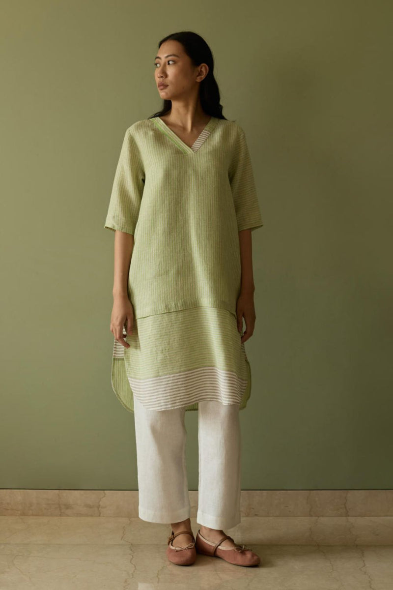Jira Pleated Stripe Linen Kurta-Meadow linen by Manan in green color for women in Singapore