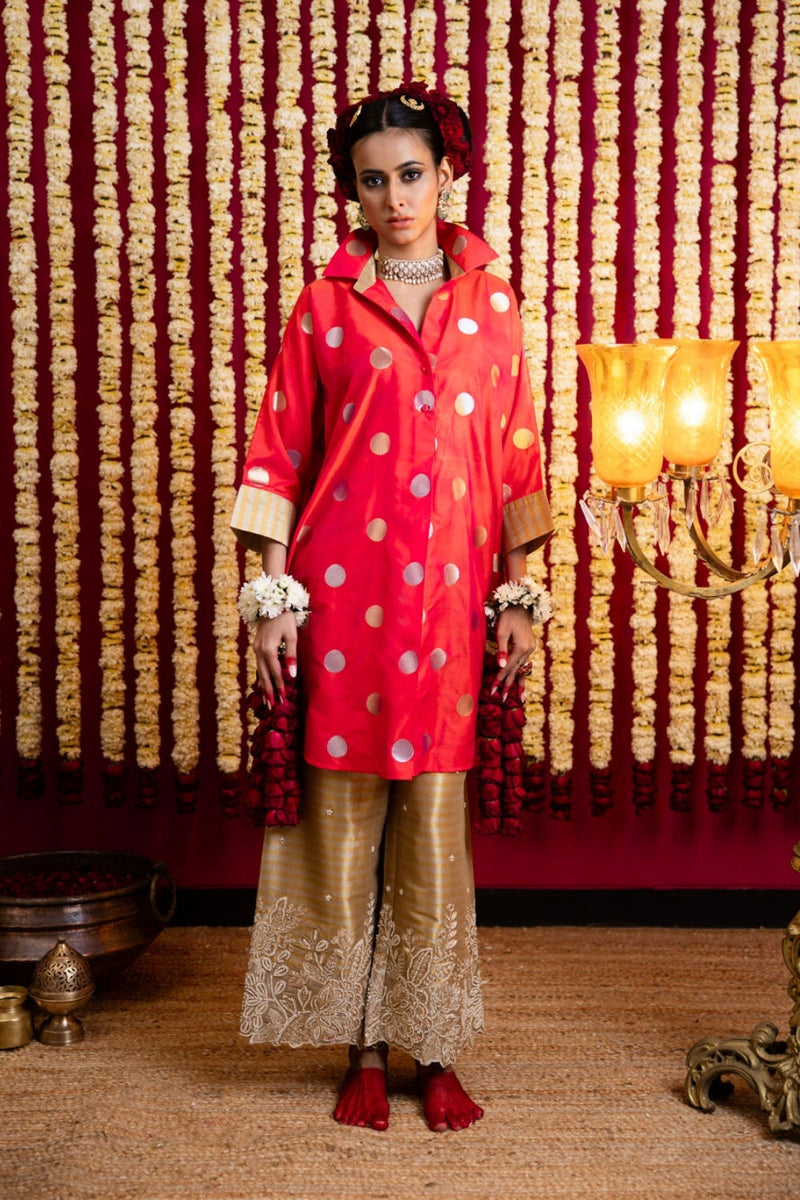 Polka Dots Tunic & Tissue Pant Set-Orange tissue kurta/kurta set by Sabo by Sabina in orange for women in Singapore
