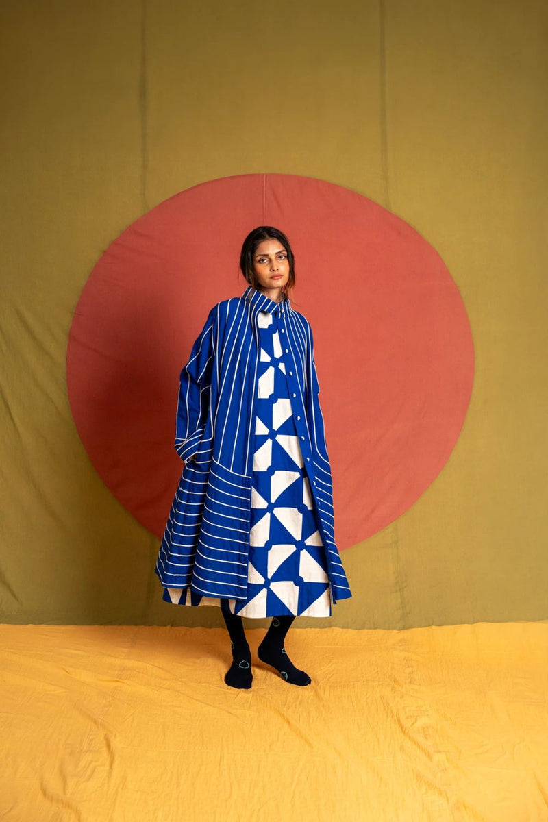 Maha Simp Jacket-White and Blue cotton jacket/overlay by Ka-Sha in blue for women in Singapore