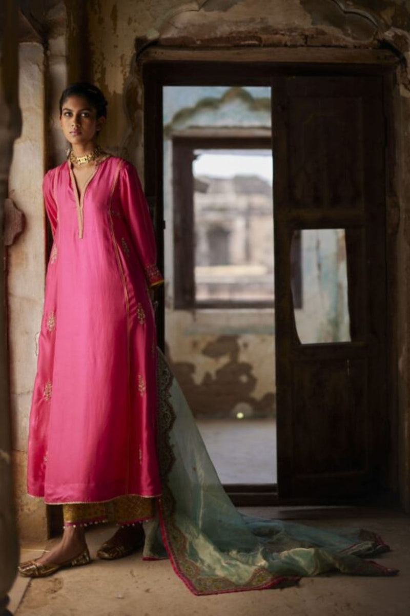 Nadira Hot Pink Silk Butti Back Yoke Kurta Set silk by Rajiramniq in pink color for women in Singapore