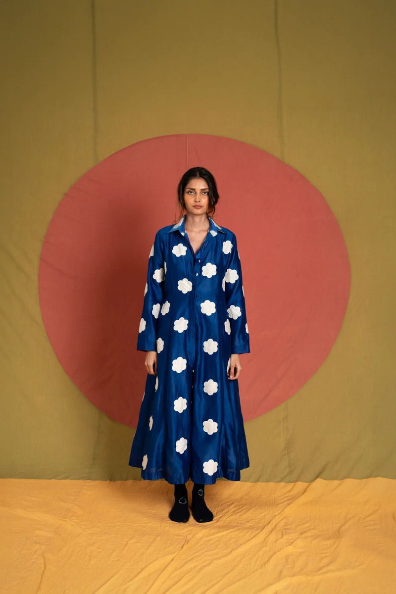 Heer Flower Tunic-White and Blue kala cotton tunics/kaftan by Ka-Sha in blue for women in Singapore