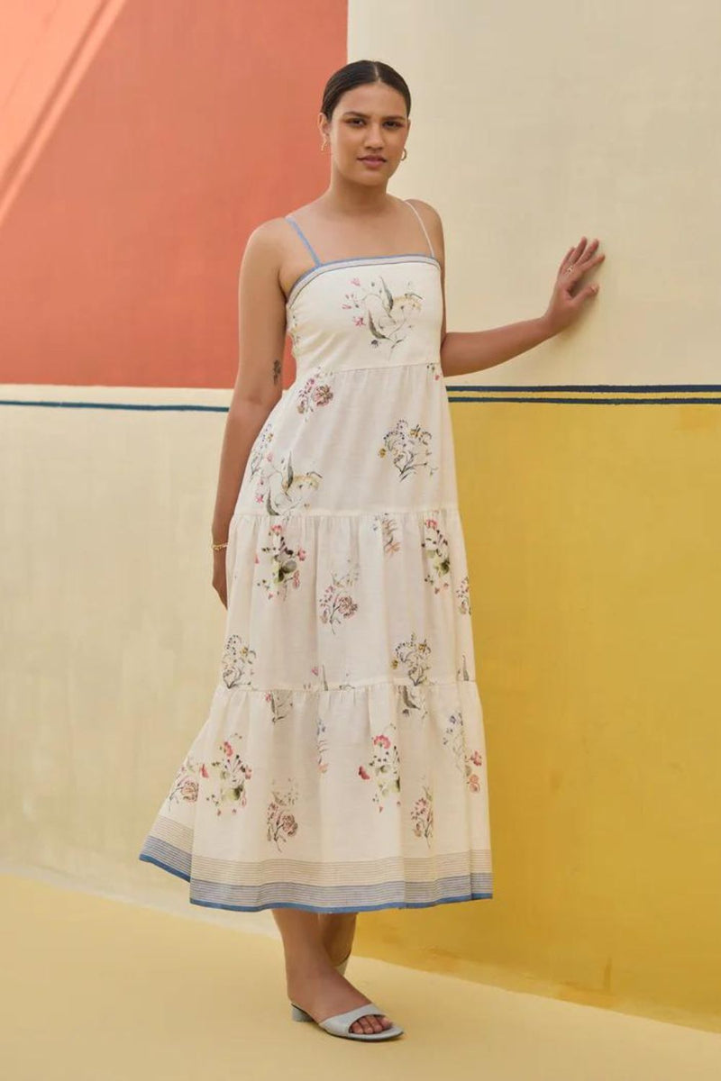 Hena Watercolour Floral Tiered Dress - Ivory linen by Manan in ivory color for women in Singapore