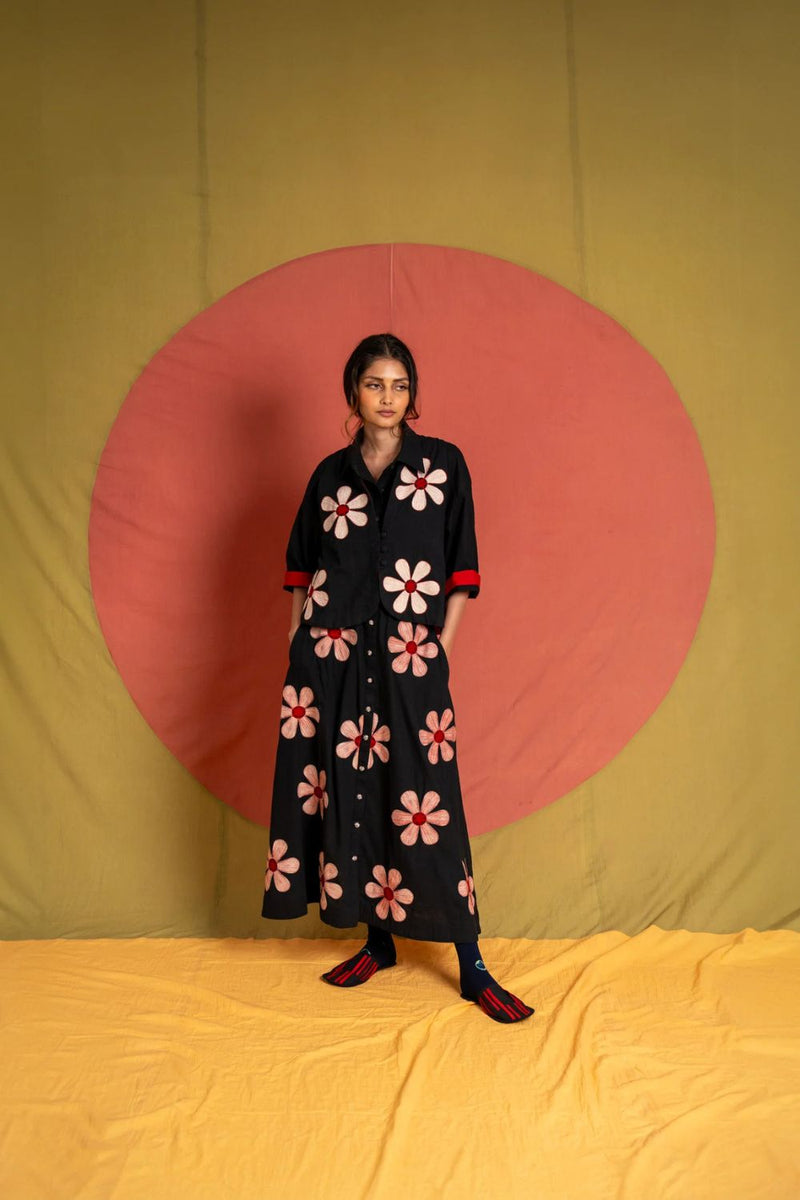 Florist Waistcoat-Black, White and Red kala cotton jacket/overlay by Ka-Sha in black for women in Singapore