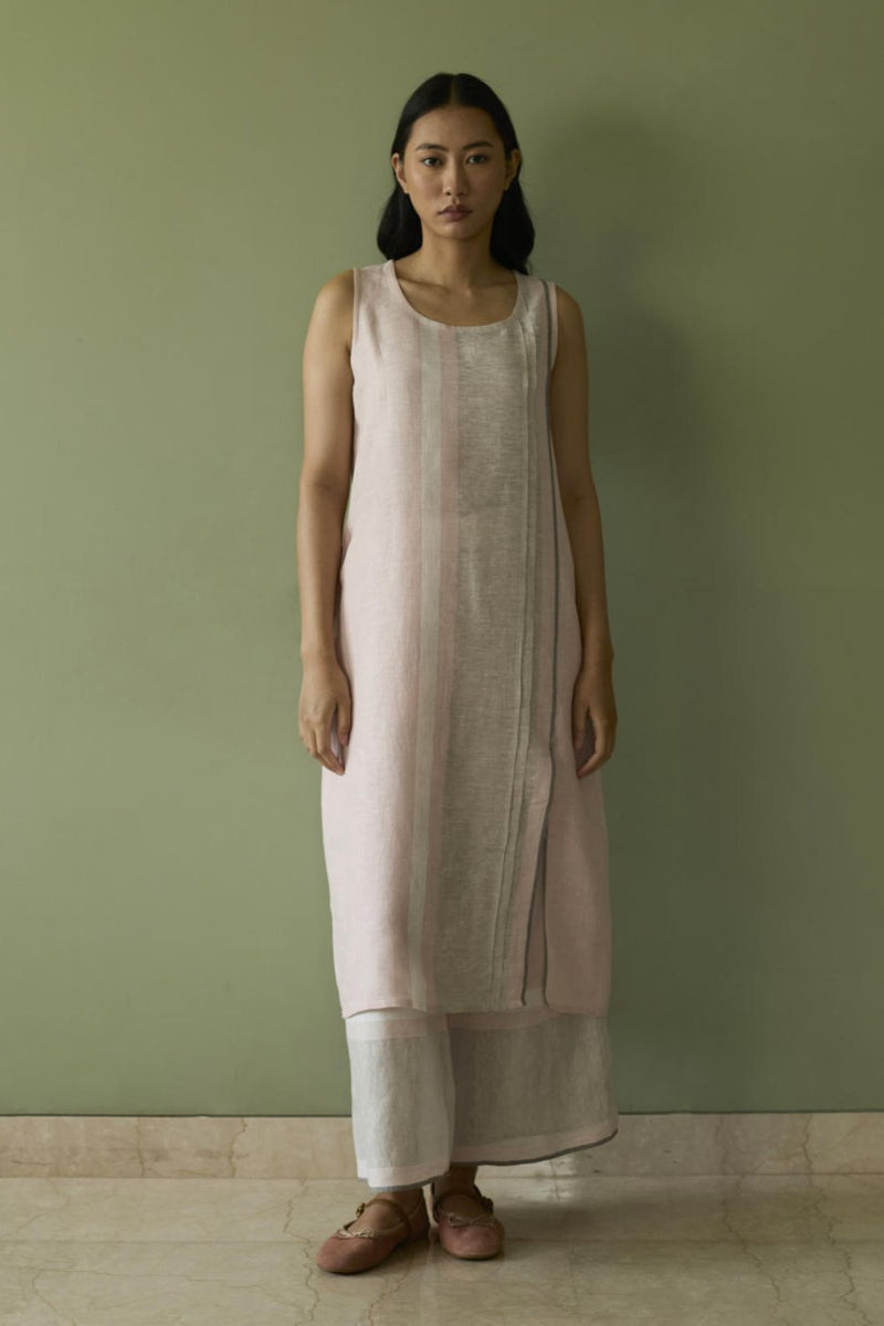 Yara Sleeveless Border Linen Kurta-Blush linen by Manan in blush color for women in Singapore