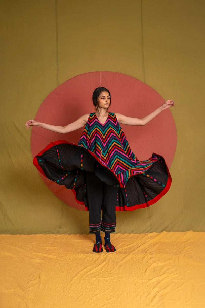 Line Rangoli Pants-Black and Multicolour cotton pant/trouser by Ka-Sha in multicolor for women in Singapore