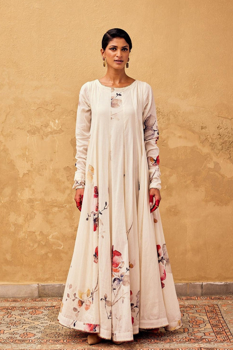 Gulbahar Anarkali Gown cotton dress by Khara Kapas in off white for women in Singapore