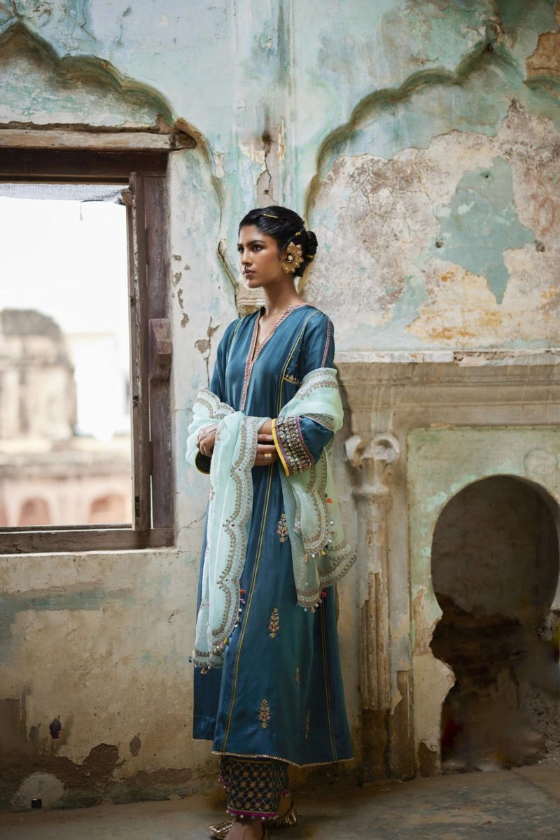 Nadira Teal Silk Butti Back Yoke Kurta Set silk by Rajiramniq in teal color for women in Singapore