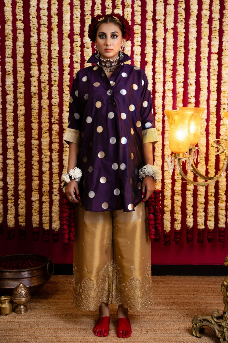 Polka Dots / Tissue Tunic & Pant Set-Aubergine tissue kurta/kurta set by Sabo by Sabina in aubergine for women in Singapore