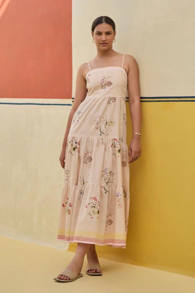 Hena Watercolour Floral Tiered Dress - Sand linen by Manan in natural color for women in Singapore