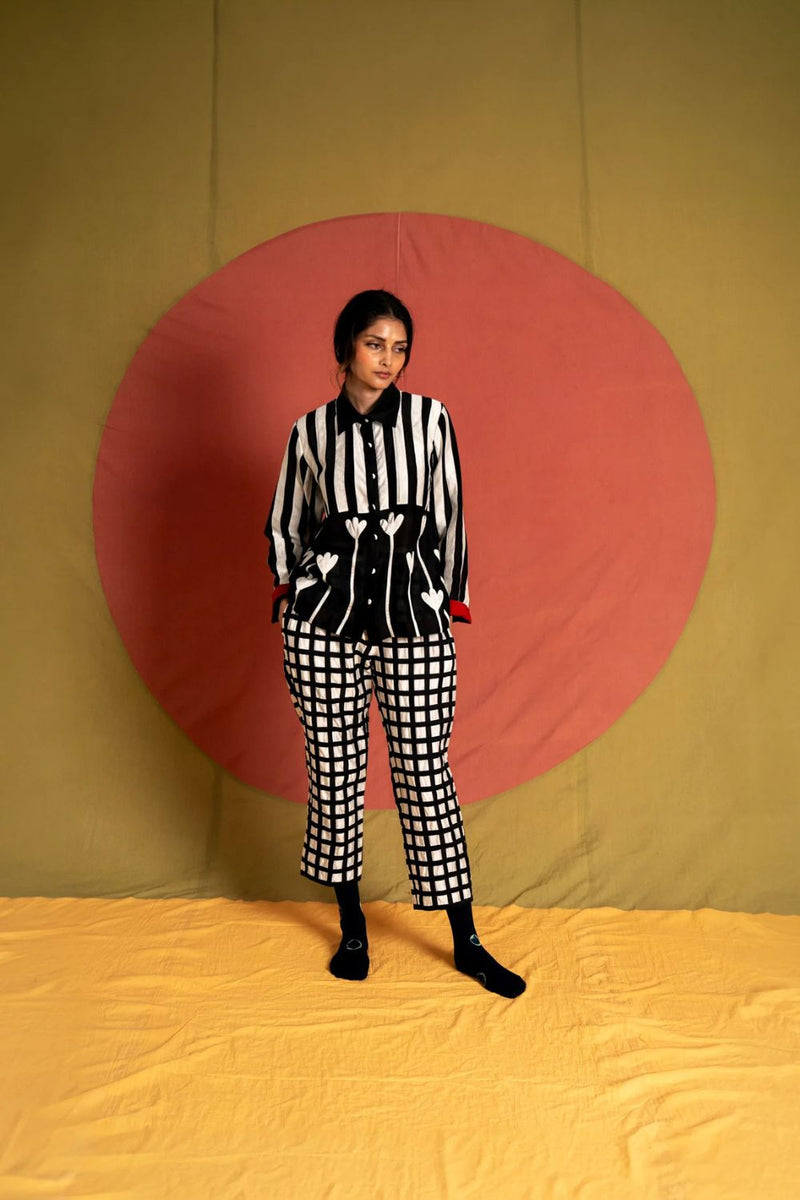 Grid Pants-White and Black chanderi pant/trouser by Ka-Sha in black for women in Singapore