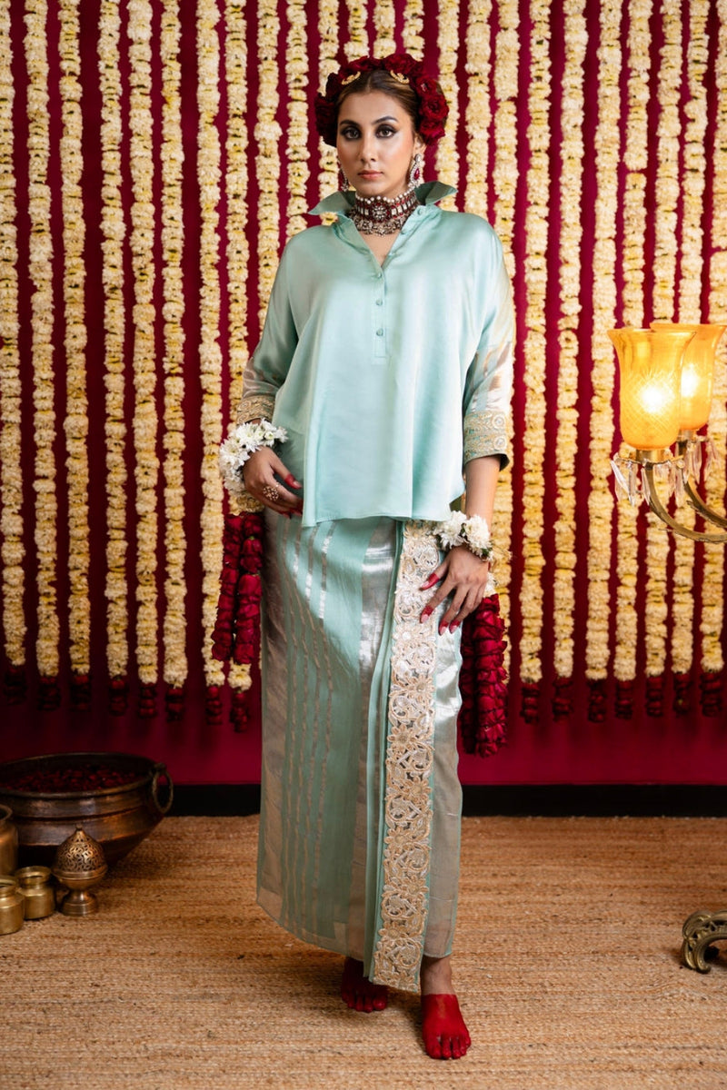 Chanderi Silk Lungi Skirt & Shirt Set-Sea Foam Green chanderi silk indo-western by Sabo by Sabina in green for women in Singapore