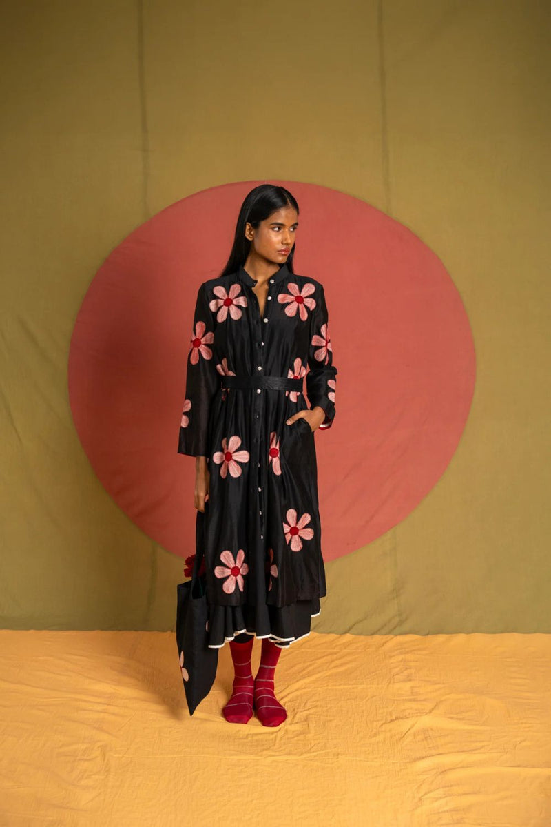 Florist Tunic-Black, White and Red chanderi tunics/kaftan by Ka-Sha in black for women in Singapore