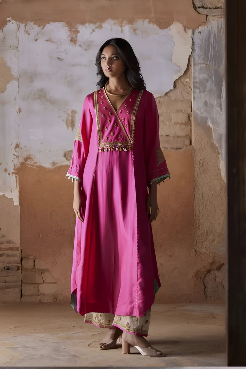 Nadira Hot Pink Silk Yoke Kurta Set