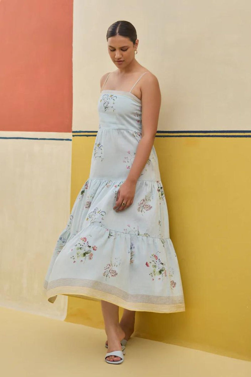 Hena Watercolour Floral Tiered Dress - Sky linen by Manan in blue color for women in Singapore