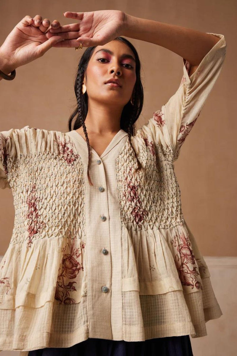 Jade top-Peony print cotton by CORD for women in Singapore