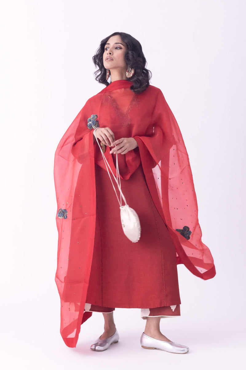 Vaski-Dupatta silk organza dupatta by Shades of India in red for women in Singapore