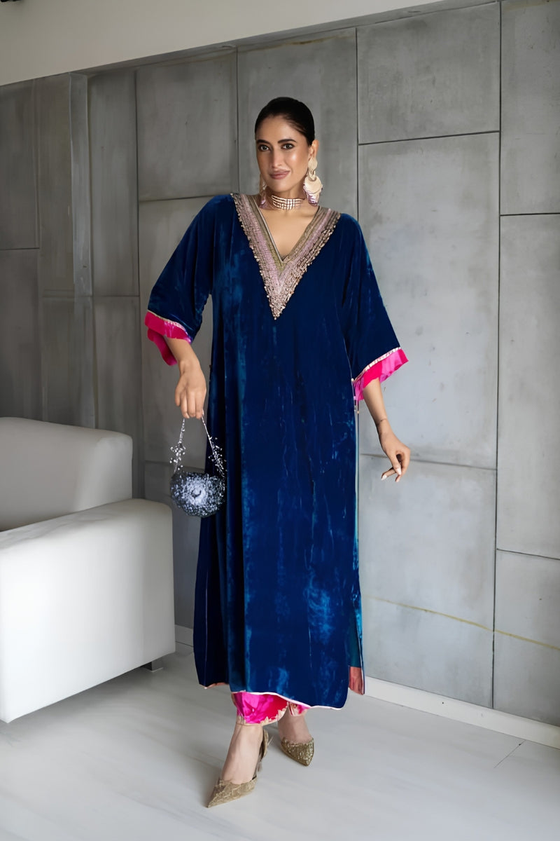 Nadira Blue Velvet Kaftan Kurta Set