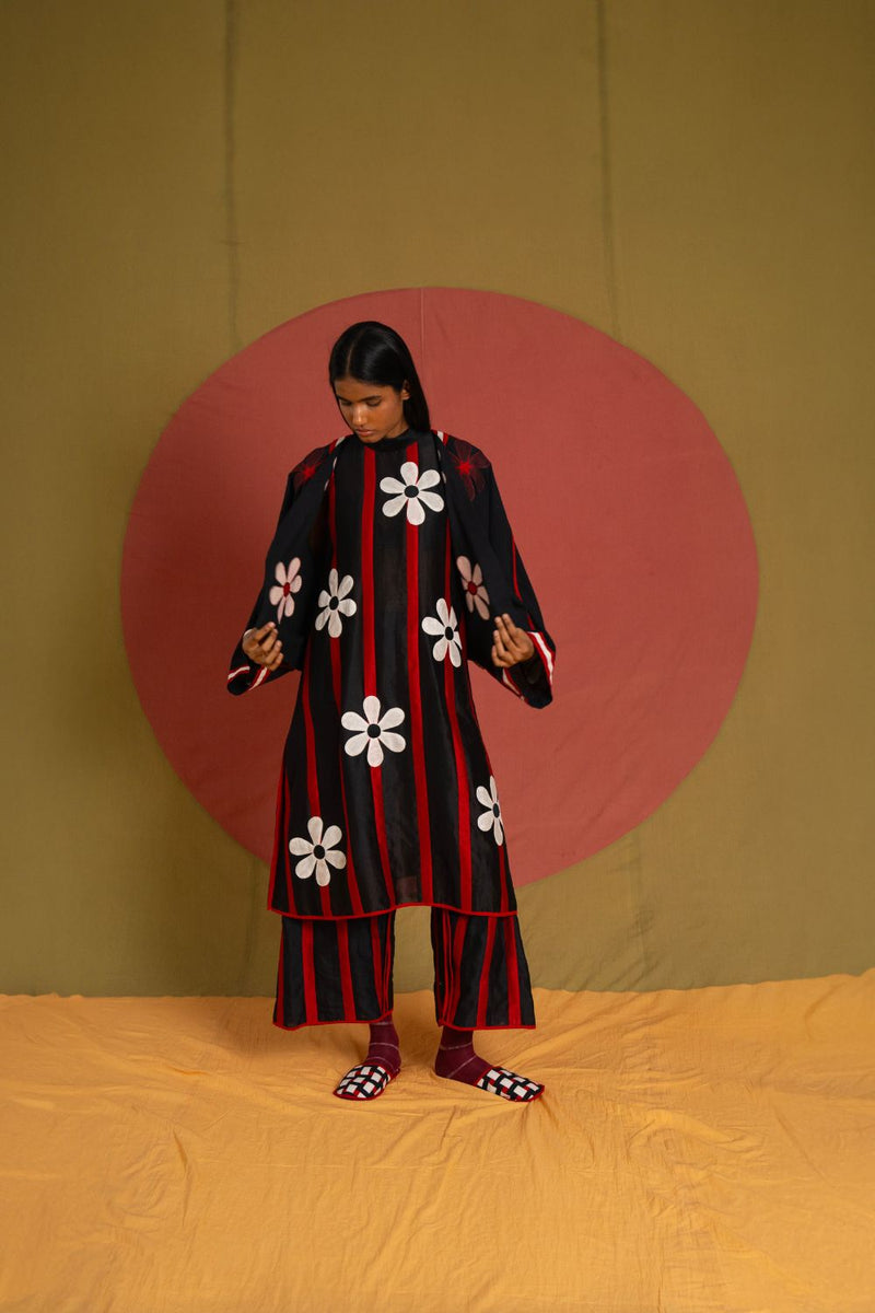 Florist Crop Moma-Black, White and Red kala cotton jacket/overlay by Ka-Sha in black for women in Singapore