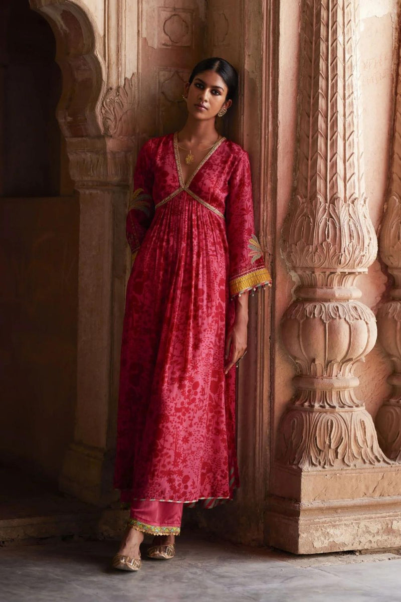 Nadira Hot Pink Tree Bell Sleeve Kurta Set by Rajiramniq for women in Singapore