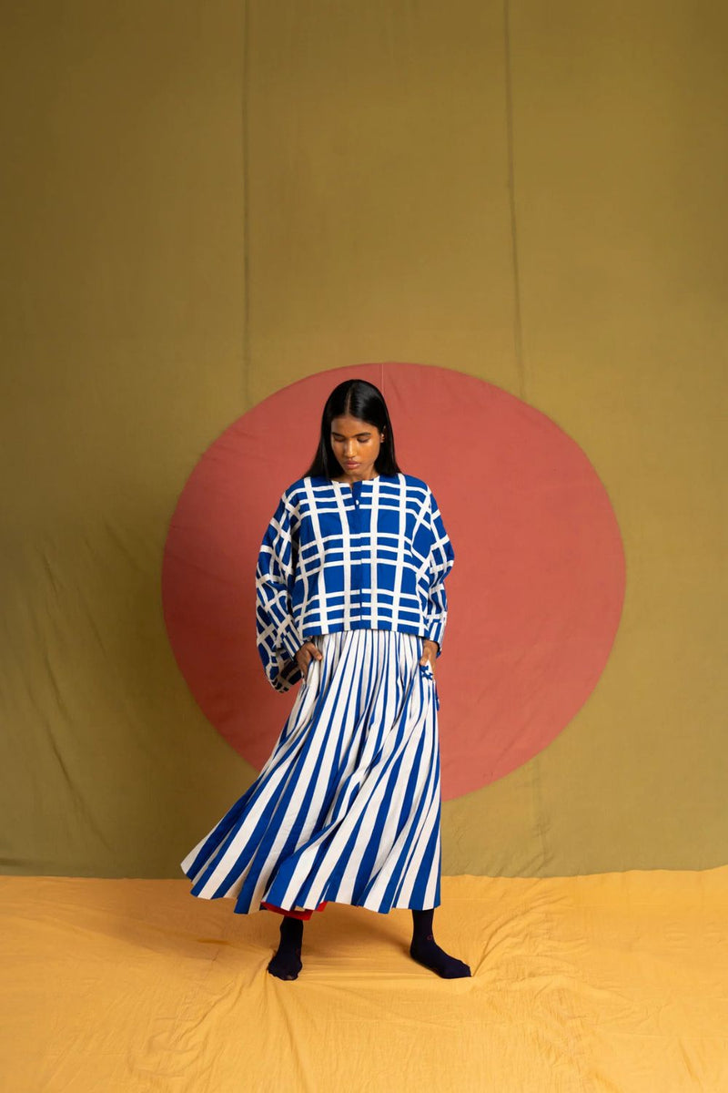 Chacha Jacket-White and Blue cotton jacket/overlay by Ka-Sha in blue for women in Singapore