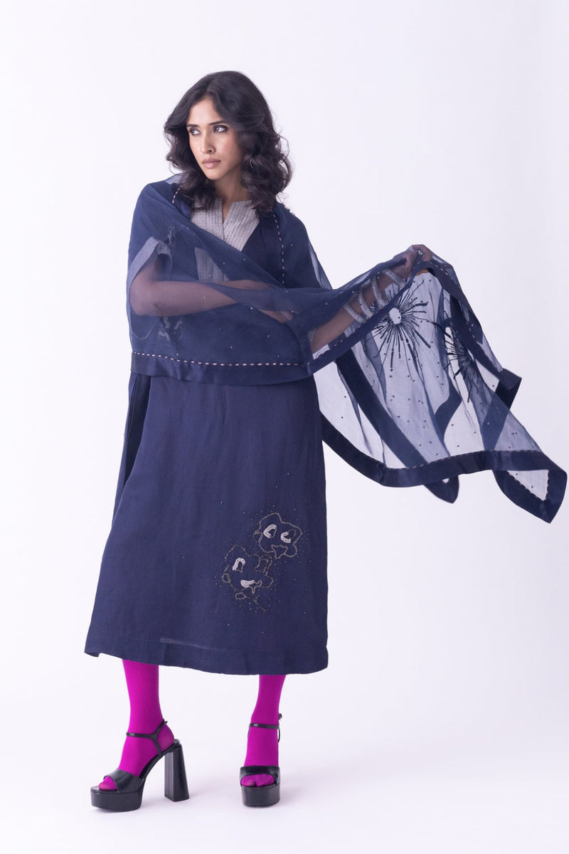 Vana-Dupatta silk organza dupatta by Shades of India in indigo for women in Singapore