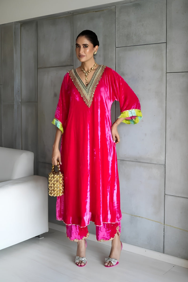 Nadira Hot Pink Velvet Kaftan Kurta Set