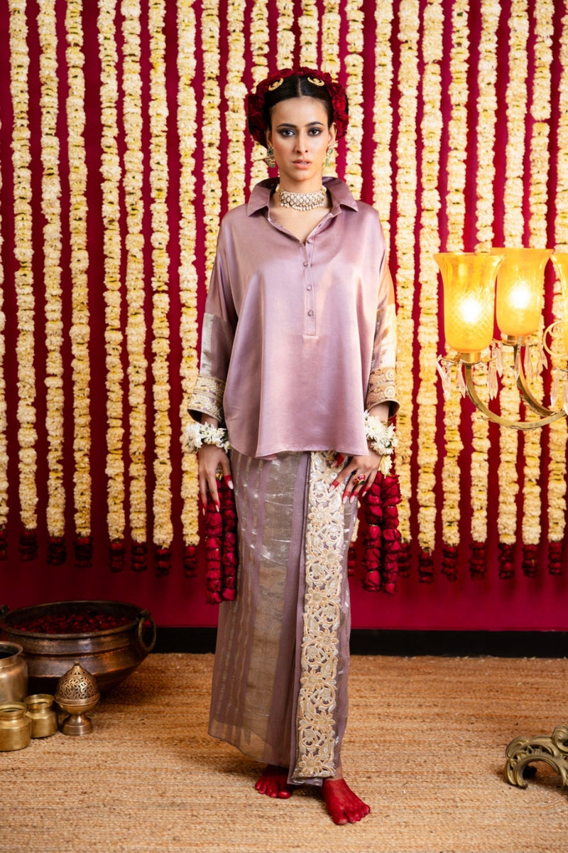Chanderi Silk Lungi Skirt & Shirt Set-Mauve / Grape chanderi silk indo-western by Sabo by Sabina in mauve for women in Singapore