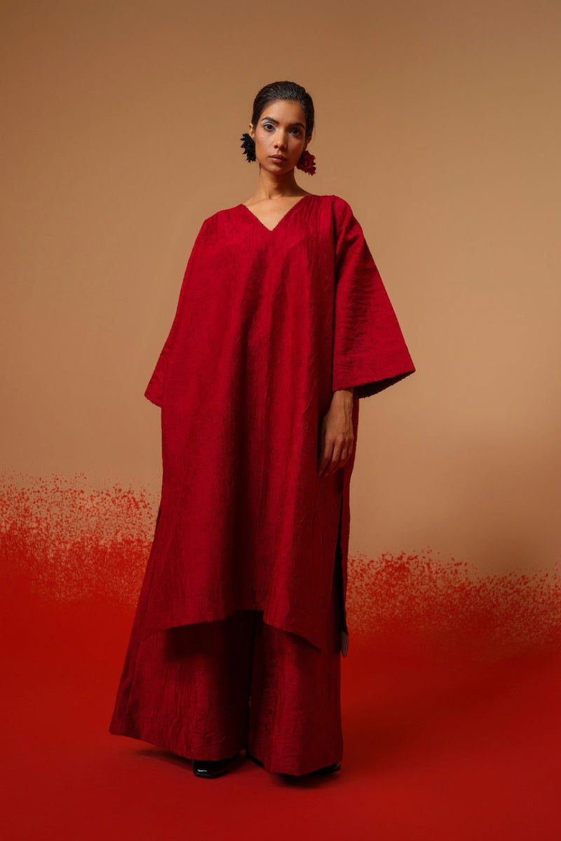 Flow Tunic-Red + Black mysore silk kaftans and tunics by Stoique in red, black for women in Singapore