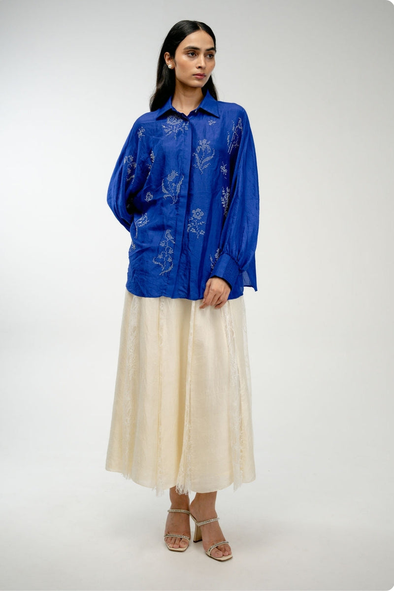 Woven Memory Shirt mulberry silk top/shirt by Ode to Odd in blue for women in Singapore