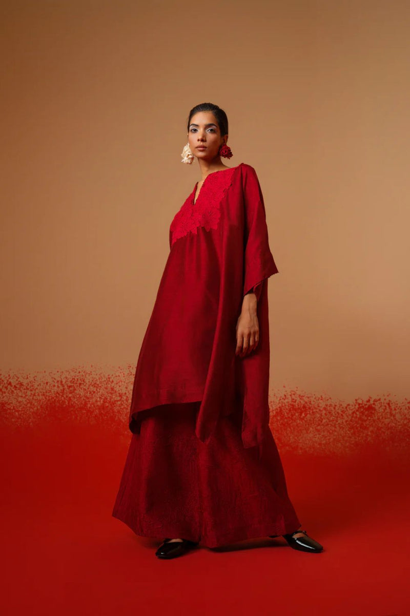 Beam Tunic-Red mysore silk kaftans and tunics by Stoique in red for women in Singapore