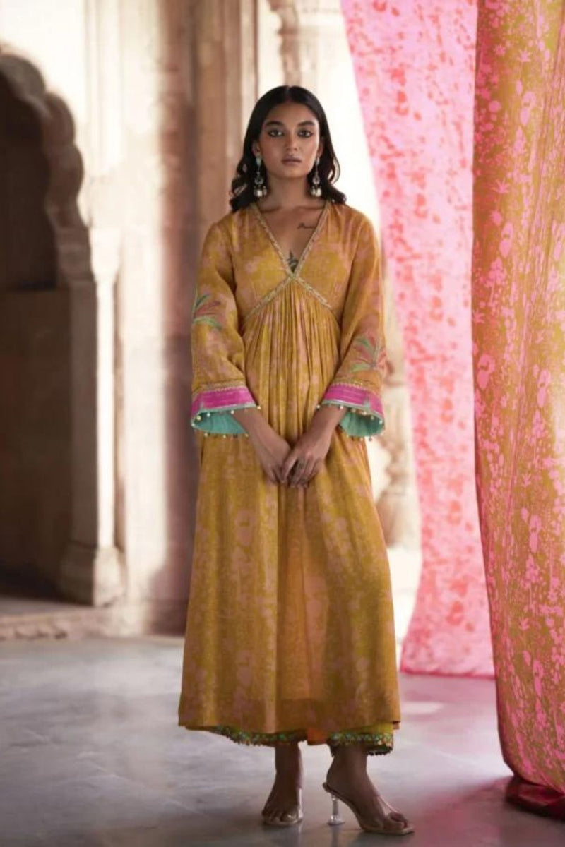 Nadira Yellow Tree Bell Sleeve Kurta Set by Rajiramniq in yellow color for women in Singapore