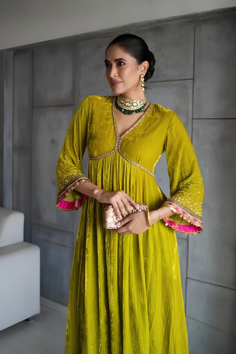 Nadira Lime Yellow Sprinkle Bell Sleeve Velvet Kurta Set