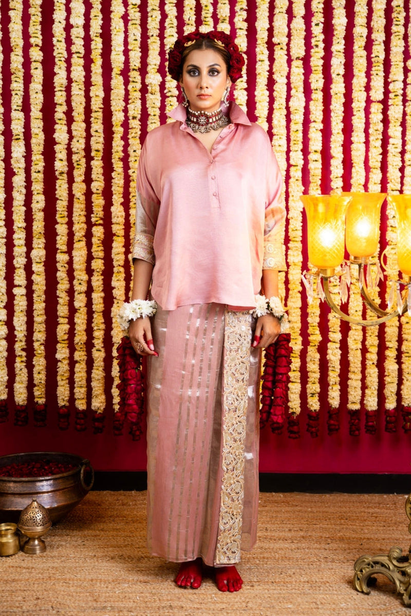 Chanderi Silk Lungi Skirt & Shirt Set-Dusty Pink chanderi silk indo-western by Sabo by Sabina in pink for women in Singapore