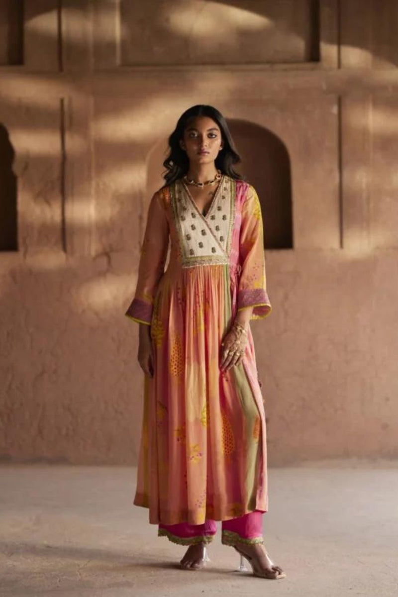 Nadira Pinkish Peach Pintuck Angrakha Kurta Set mul by Rajiramniq in multi color for women in Singapore