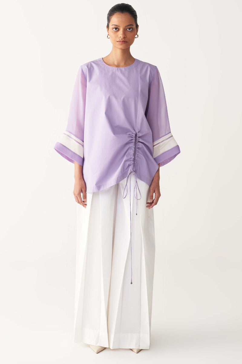 FRONT DRAWSTRING TOP CO-ORD-LAVENDER poplin by THREE for women in Singapore