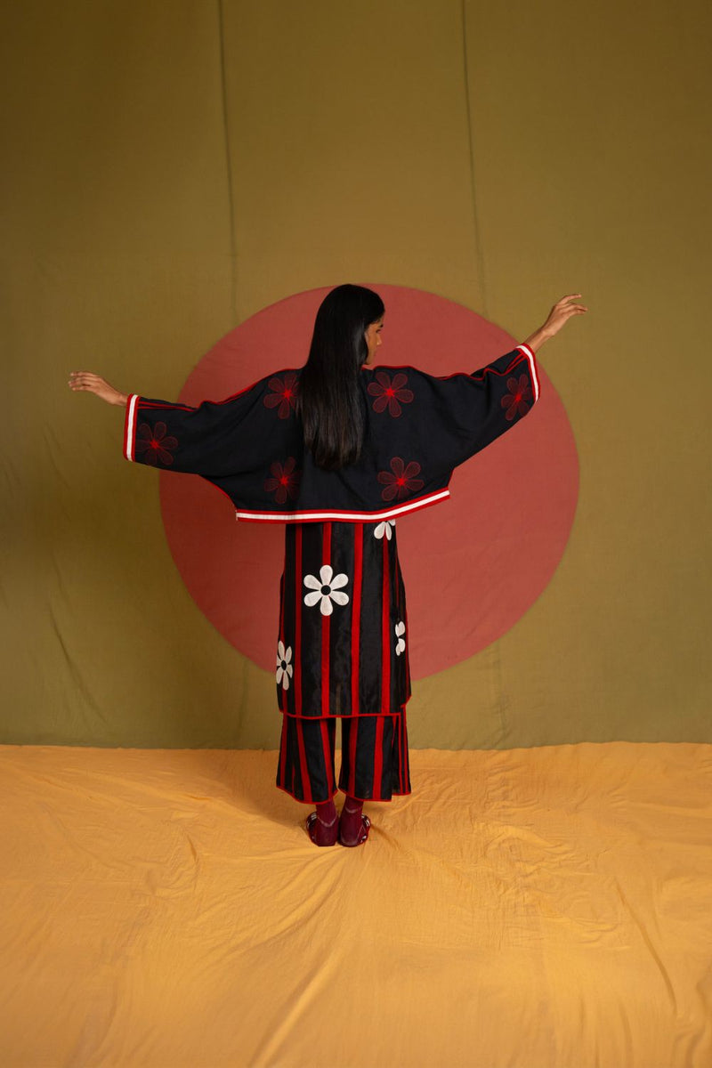 Florist Crop Moma-Black, White and Red kala cotton jacket/overlay by Ka-Sha in black for women in Singapore
