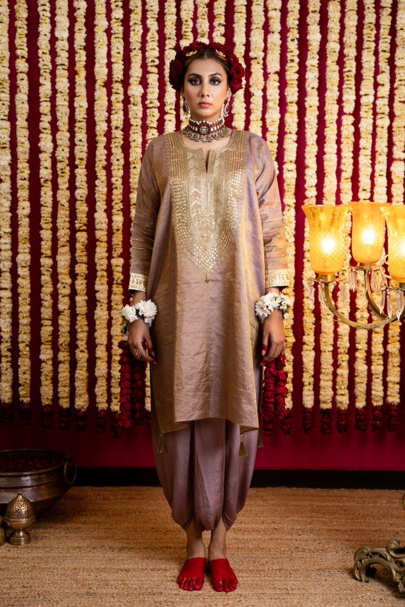 Raw Silk Tissue Tunic & Dhoti Pant Set-Chikoo raw silk kurta/kurta set by Sabo by Sabina in brown for women in Singapore