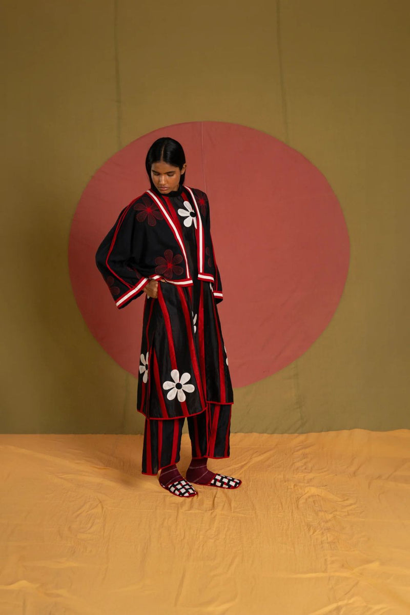 Florist Crop Moma-Black, White and Red kala cotton jacket/overlay by Ka-Sha in black for women in Singapore