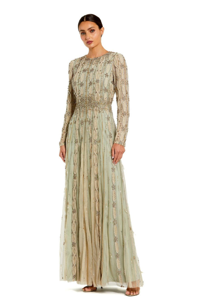 10077-Embellished Mesh Long Sleeve A Line Gown by Mac Duggal for women in Singapore