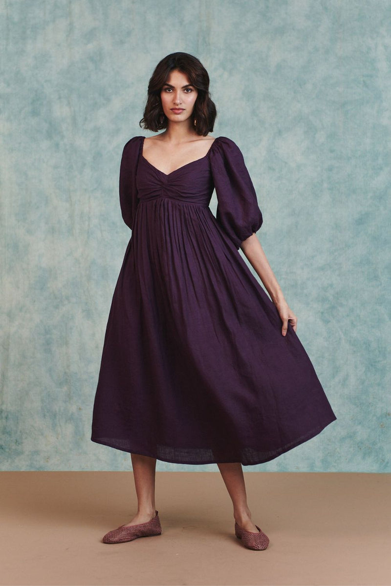 Plum Linen Front Twist Dress 100% pure linen dress by Saphed in plum for women in Singapore