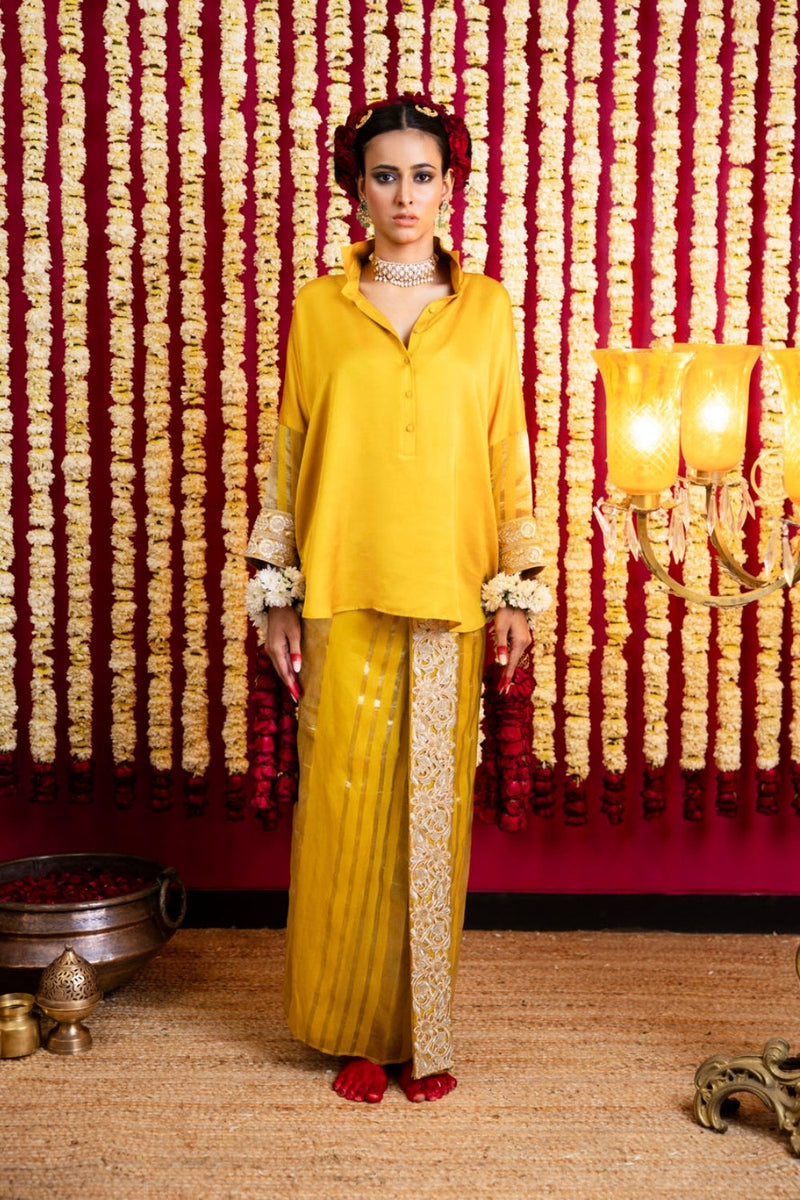 Chanderi Silk Lungi Skirt & Shirt Set-Ochre Yellow chanderi silk indo-western by Sabo by Sabina in yellow for women in Singapore