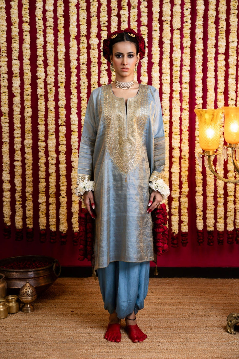 Raw Silk Textured Tunic & Benarasi Pant Set-Aasmani Blue raw silk kurta/kurta set by Sabo by Sabina in blue for women in Singapore