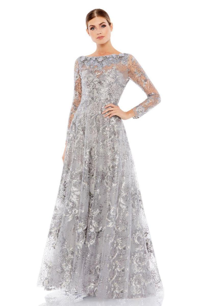 A67498-Floral Embroidered Illusion Long Sleeve Gown by Mac Duggal in silver color for women in Singapore