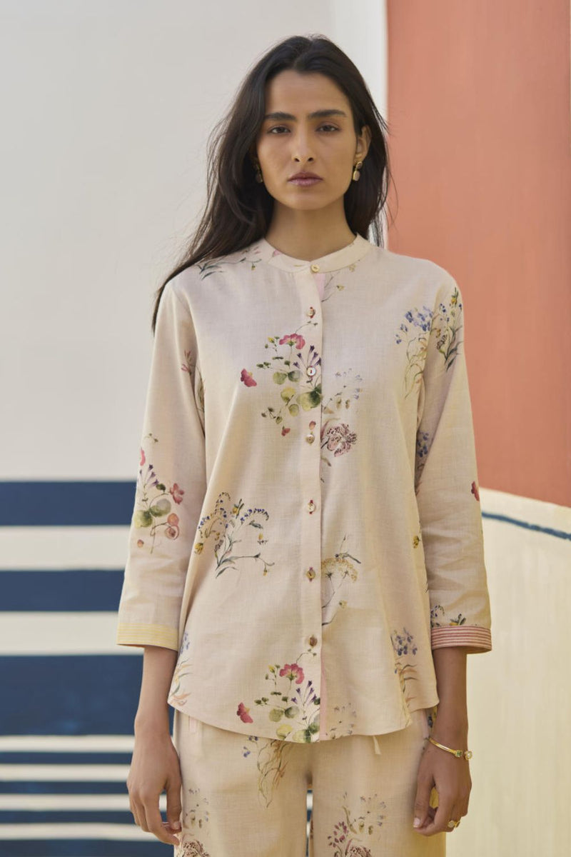 Vani Watercolour Floral Shirt - Sand linen by Manan in natural color for women in Singapore