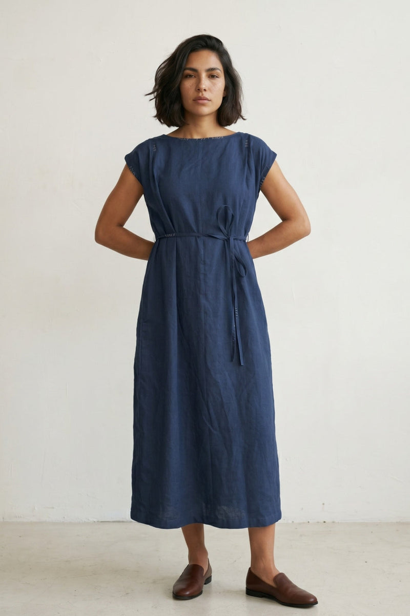 Erna Muted Indigo Dress hemploop, lyocell dress by Doodlage in indigo for women in Singapore